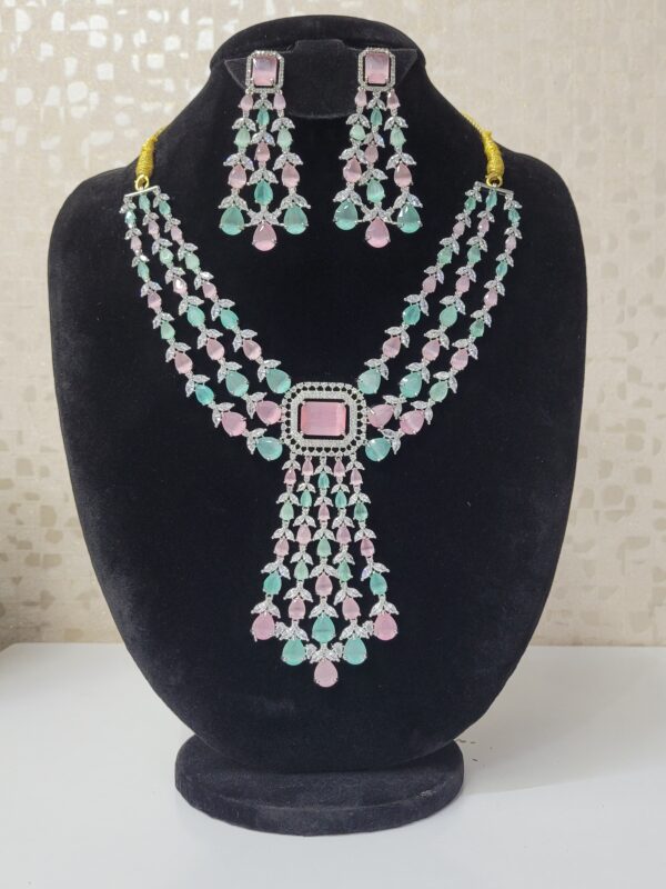 Premium 3-Layer Silver-Plated Necklace with Pink, Green, and White Stones