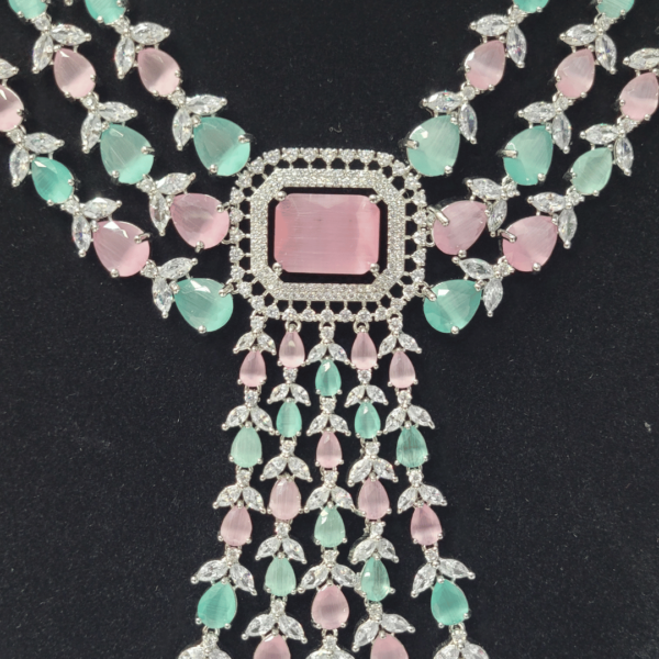 Premium 3-Layer Silver-Plated Necklace with Pink, Green, and White Stones