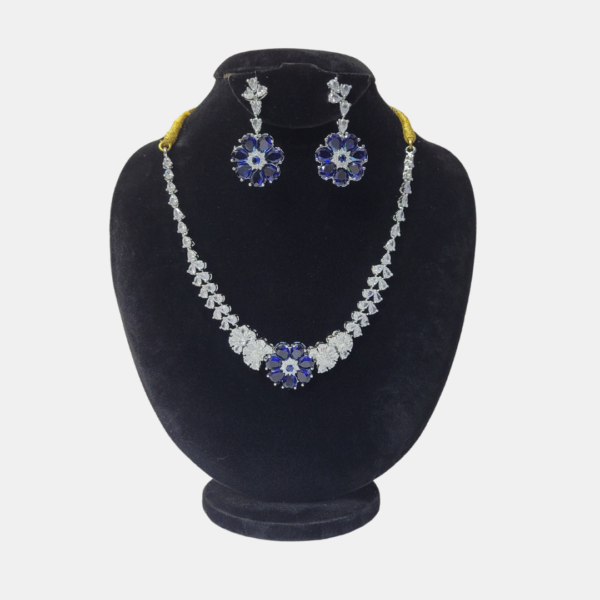 Silver Necklace with Blue Stone Flower and White Stones