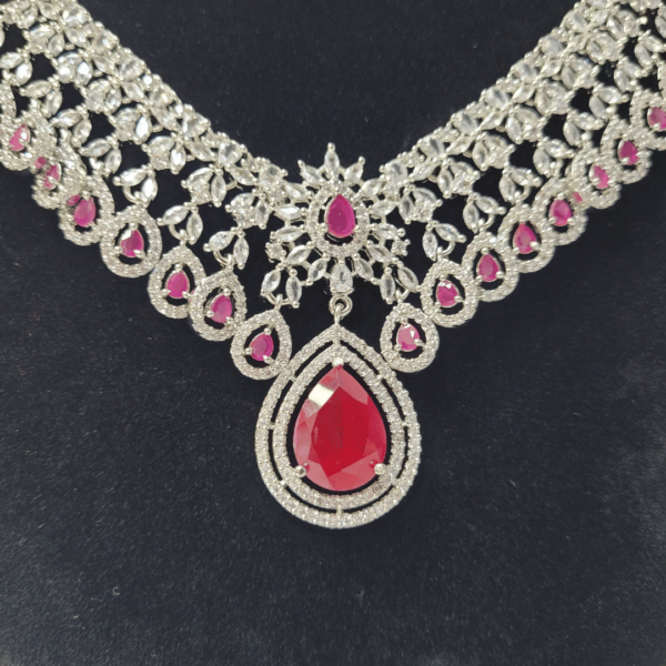 Silver Necklace with Striking Pink Stone Drop and White Stones