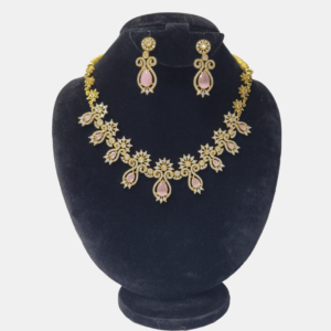 Short Model Pink Stone and Golden AD Necklace Set – Affordable Elegance!